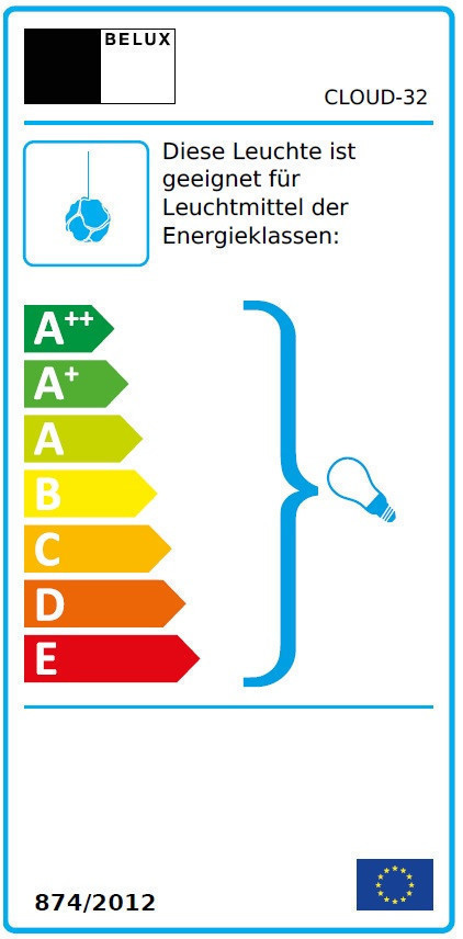 Energieeffizienzlabel der Belux Cloud Pendelleuchte E27, mit den Energieklassen A++ bis E.
