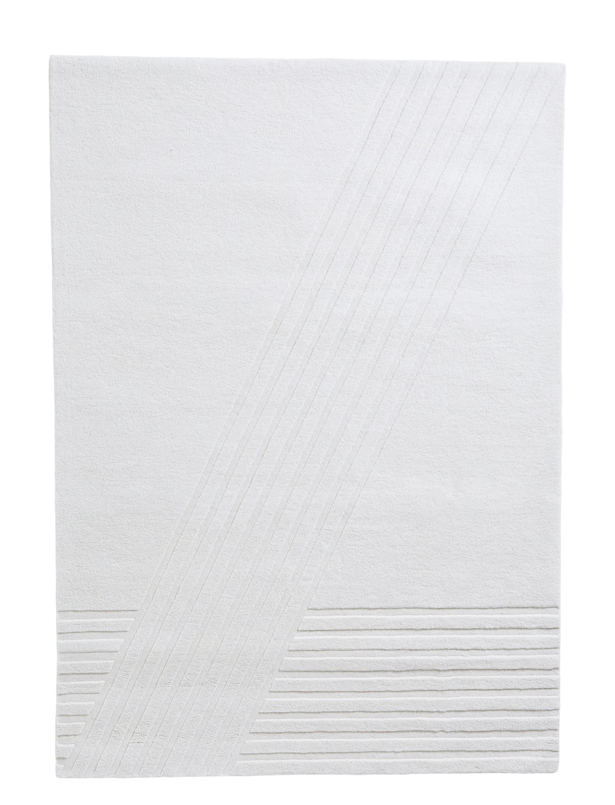 Weißer Kyoto Teppich von Woud (170x240 cm) mit geometrischen Linien und minimalistischem Design.