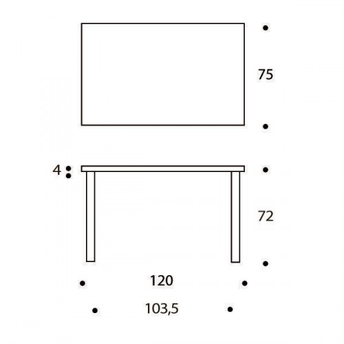 Skizze des Artek 81B Tisches mit Maßen für Höhe, Breite und Tiefe.