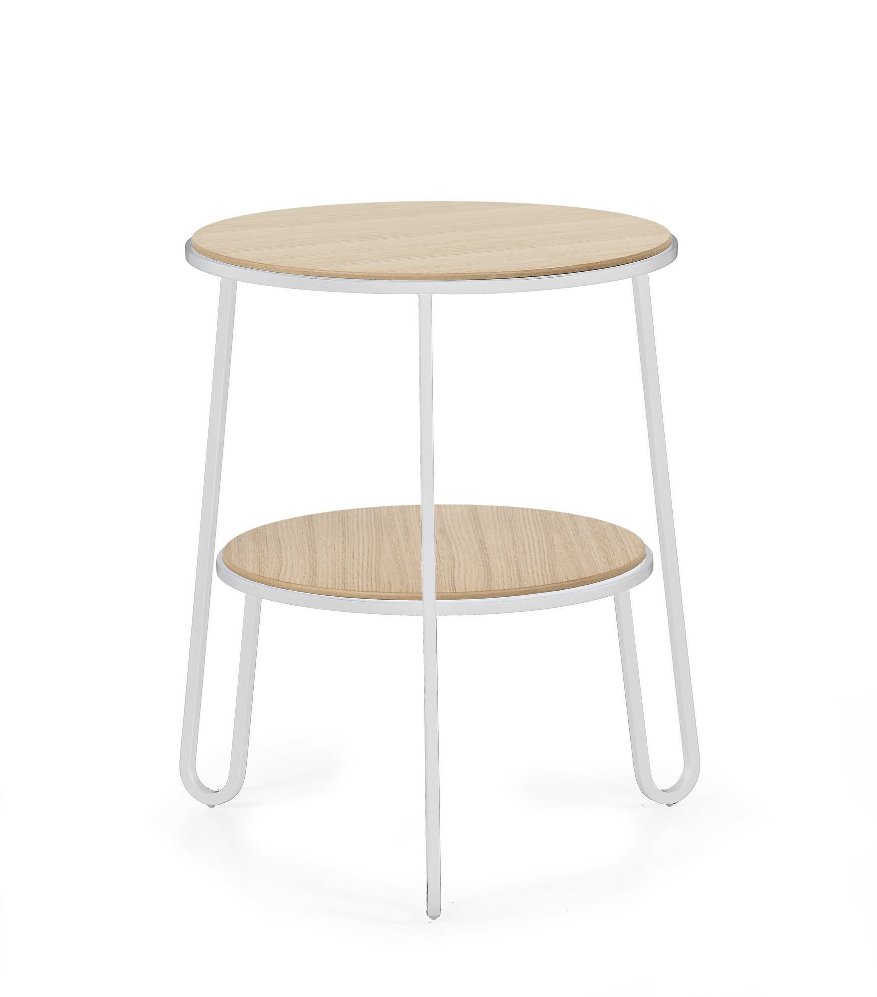 Hartô Beistelltisch mit zwei runden Ablageflächen aus Holz und weißem Metallgestell.