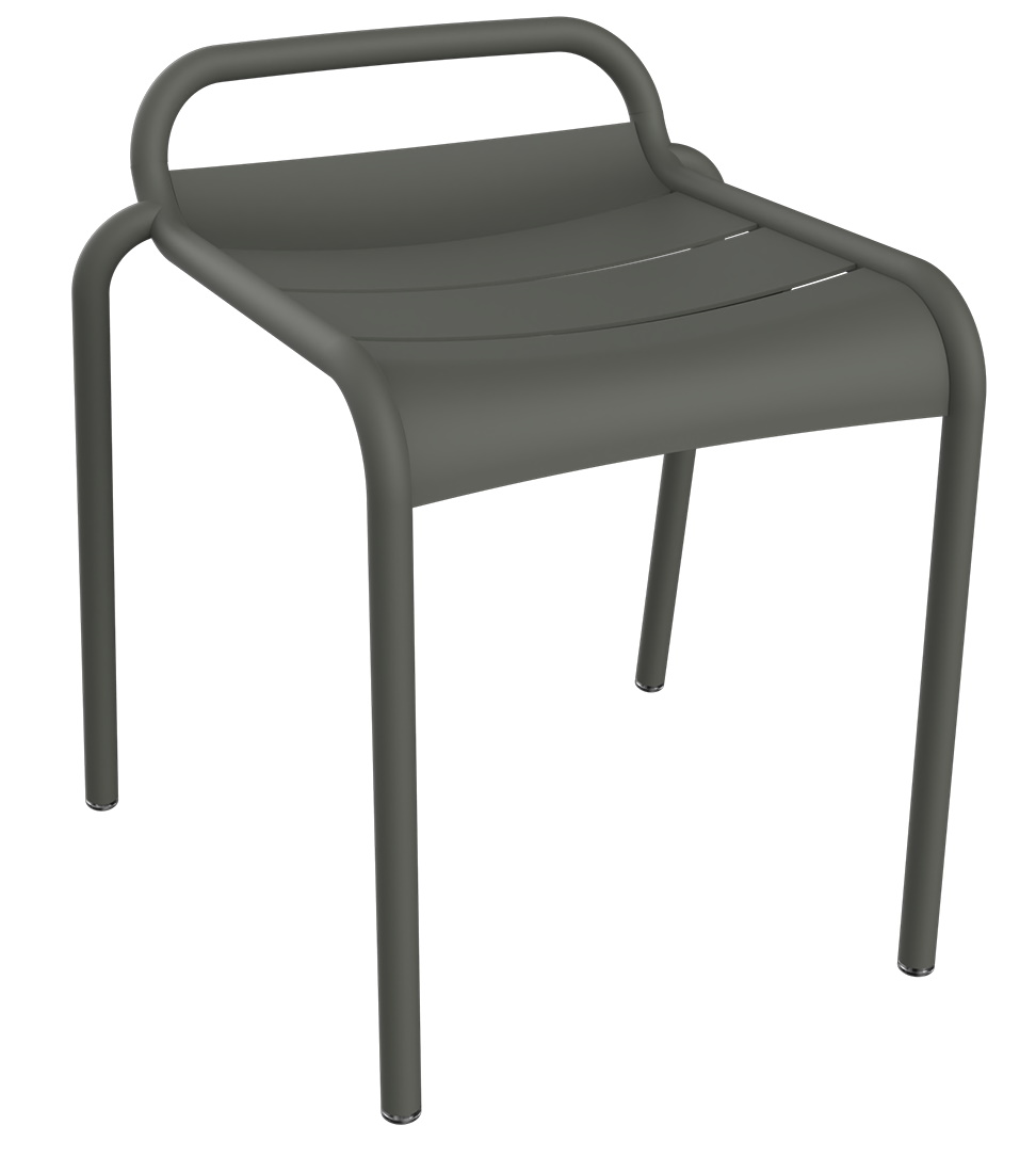 Luxembourg Hocker von Fermob für den Außenbereich, dunkelgrauer Metallhocker mit vier Beinen und Griff.