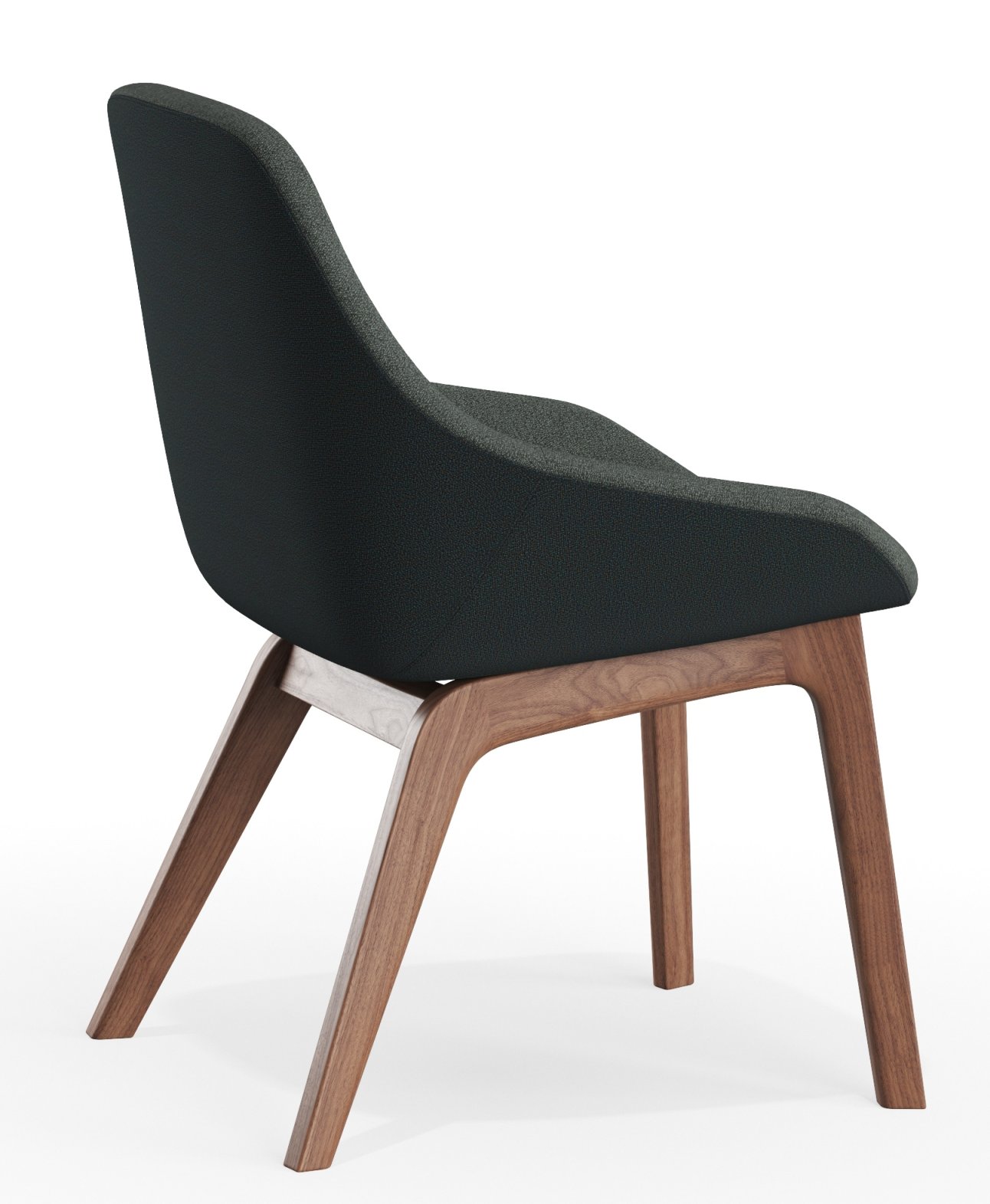 Morph Dining Chair Stuhl Zeitraum, Ansicht von der Seite, mit dunklem Stoffbezug und Holzbeinen.