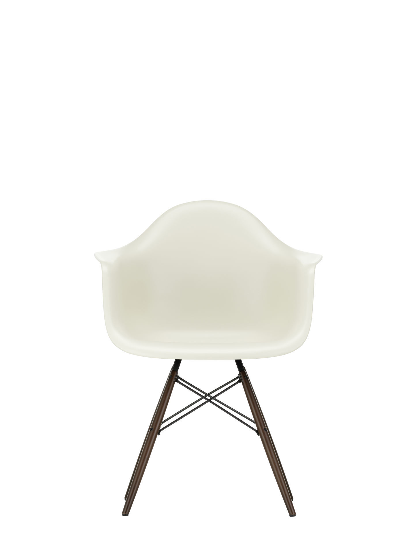 Vitra Eames Plastic Arm Chair DAW Stuhl in Gelblich / Cotton white mit Ahorn-Gestell.
