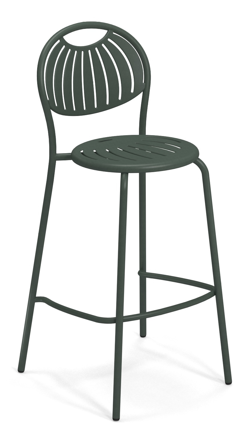 Coupole Barstool Barhocker von Emu für den Außenbereich, aus grünem Metall mit runder Sitzfläche.