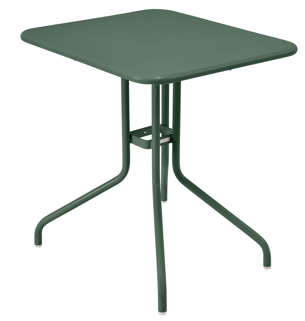 Grüner Fermob Pétale Outdoor Tisch 60x70 cm mit quadratischer Tischplatte und filigranem Stahlgestell.
