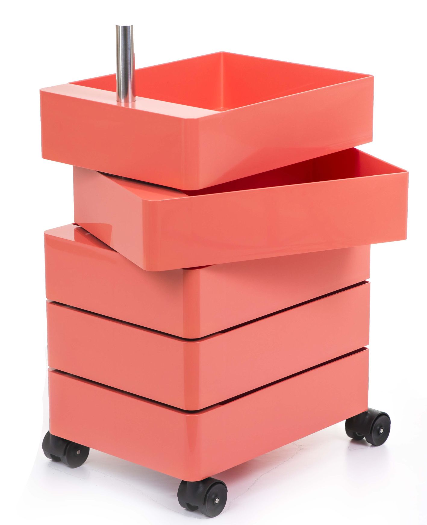 Magis 360° Container in Koralle mit fünf Schubladen und Rollen, modernes Design für Büro und Zuhause.