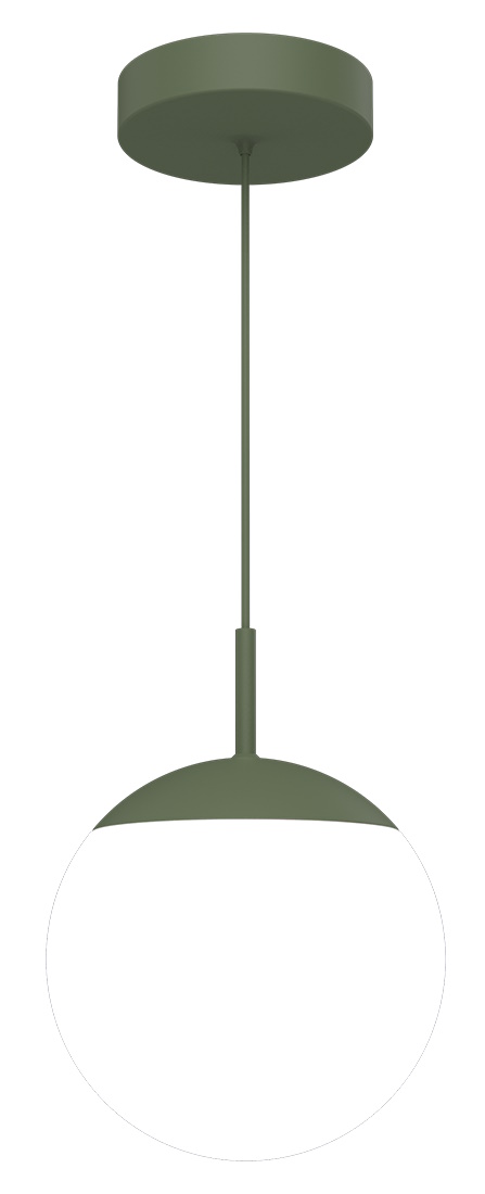 Mooon Pendelleuchte von Fermob, Durchmesser 25 cm, in Waldgrün mit weißem Opalglas-Diffusor.