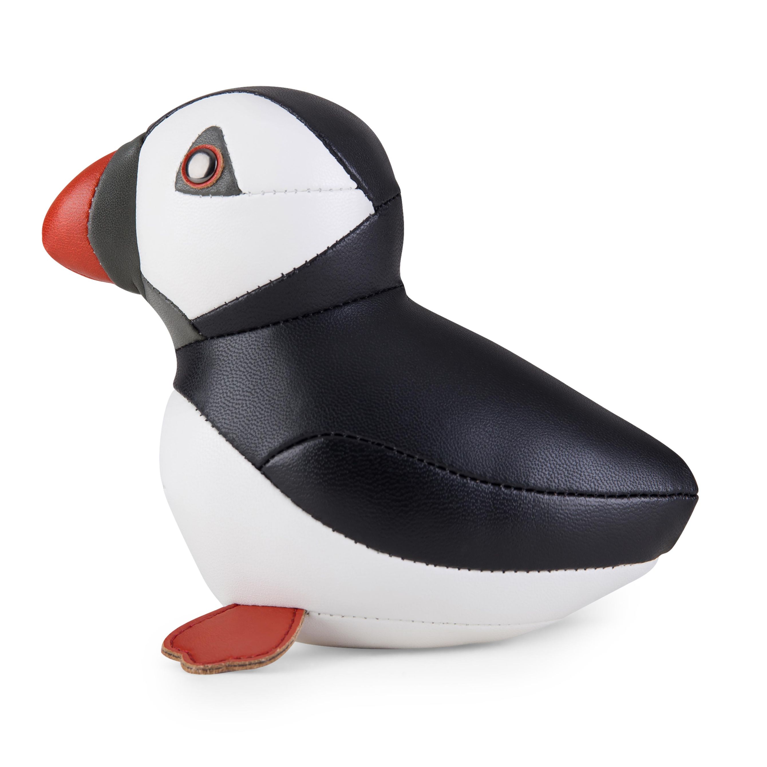 Briefbeschwerer Puffin Zuny aus Kunstleder, Dekoration für Schreibtisch und Büro, modernes Design, schwarz-weiß.