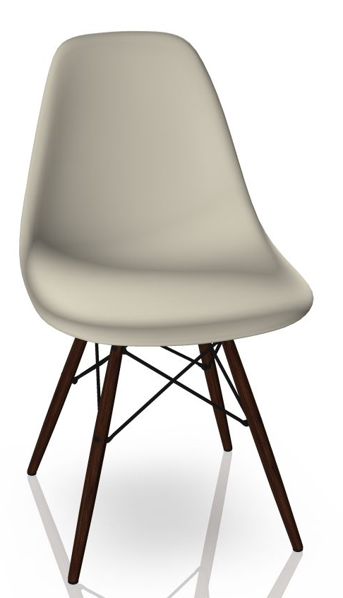 Eames Stuhl DSW mit Ahorn dunkel Beinen und kieselsteinfarbener Sitzschale von Vitra.