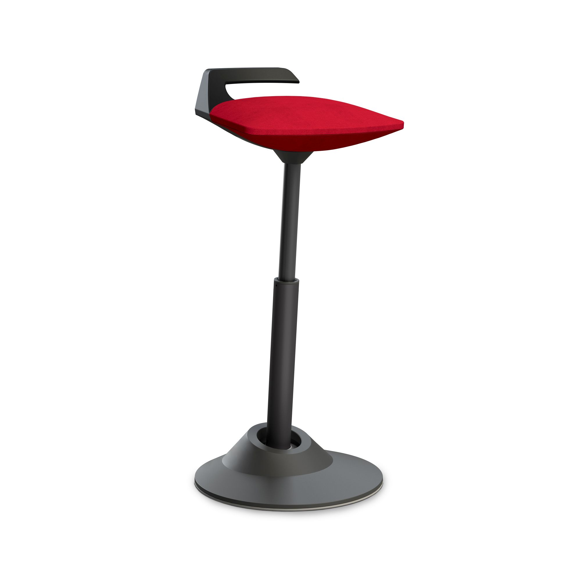 Roter Steh-Sitz Hocker mit Rückenlehne, höhenverstellbar und ergonomisch für Büro und Homeoffice.