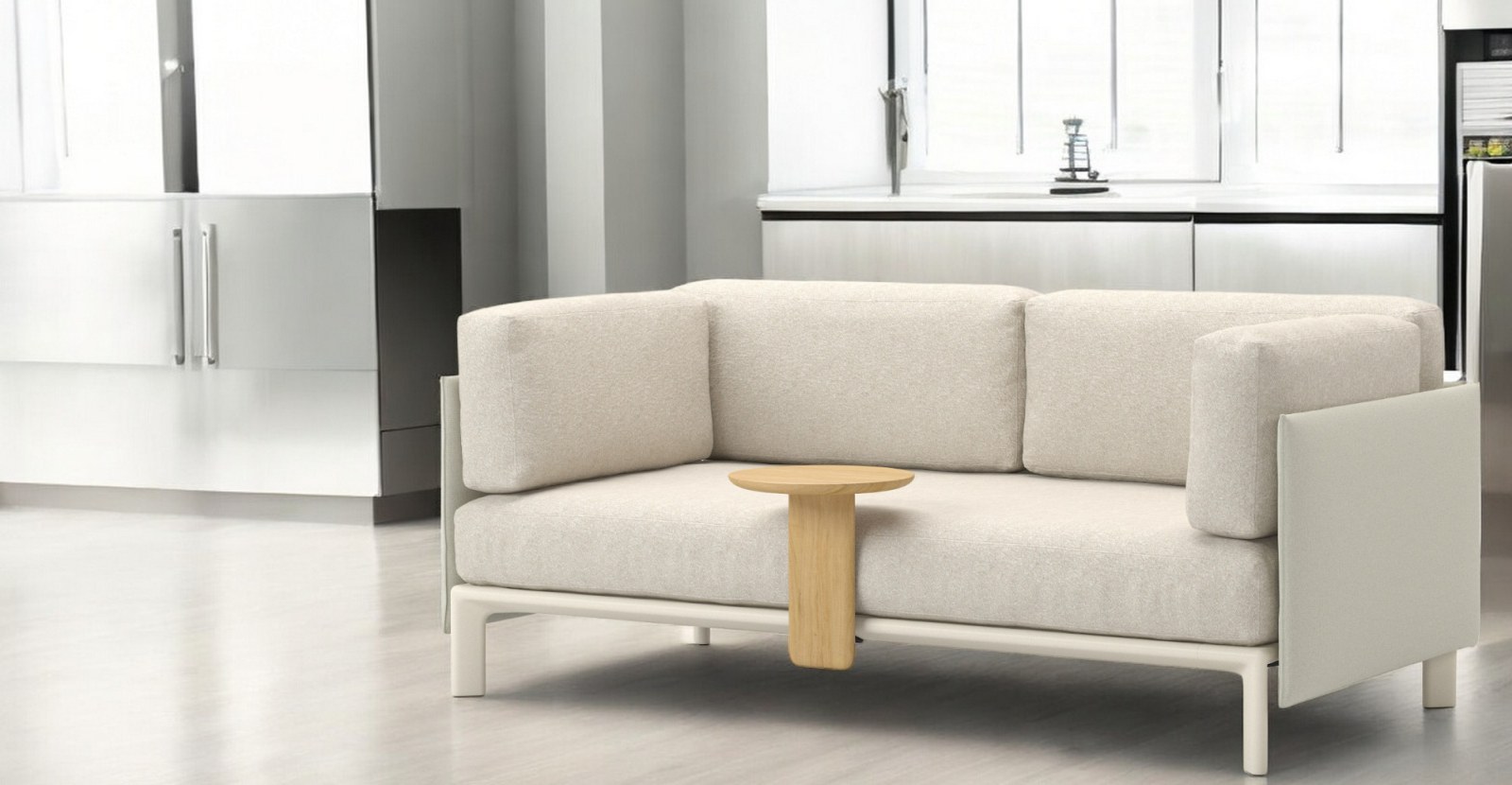 Helles Anagram 2-Sitzer Sofa von Vitra mit kleinem Holztisch im modernen Wohnzimmer.