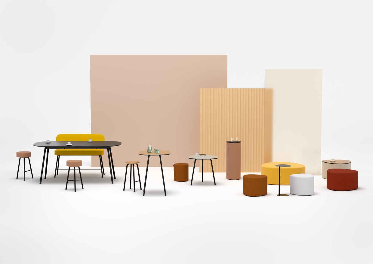 Cascando Pully Island Hocker und Sitzelemente in verschiedenen Farben und Formen für moderne Büroräume.