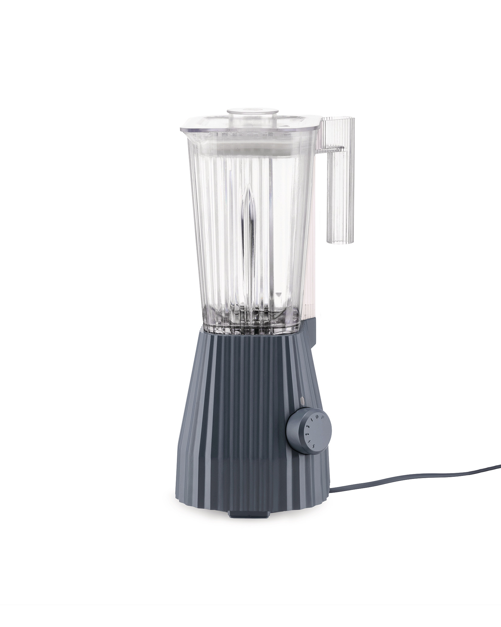 Grauer Alessi Plissé Mixer MDL09 G: Küchenmixer mit geriffeltem Design und transparentem Behälter.