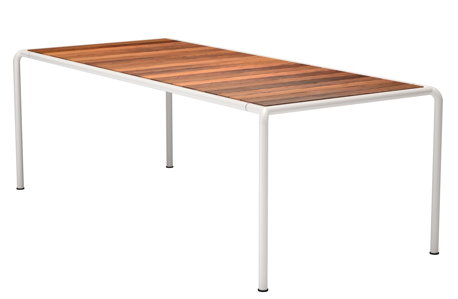 Avanti Esstisch von Houe für den Außenbereich mit Holzplatte und weißem Metallgestell.
