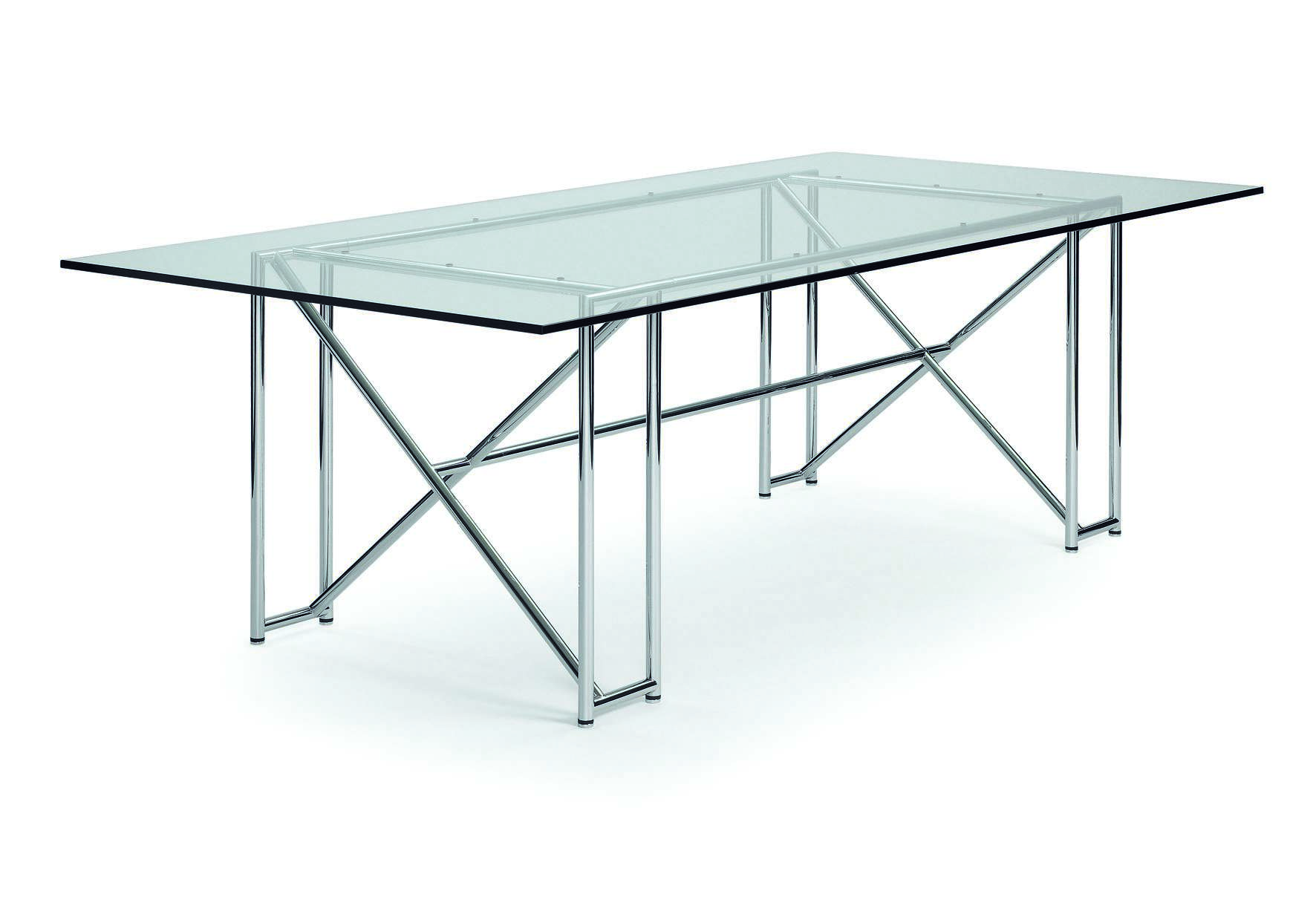 Double X Tisch von ClassiCon mit Glasplatte und verchromtem Stahlgestell. Moderner Esstisch.
