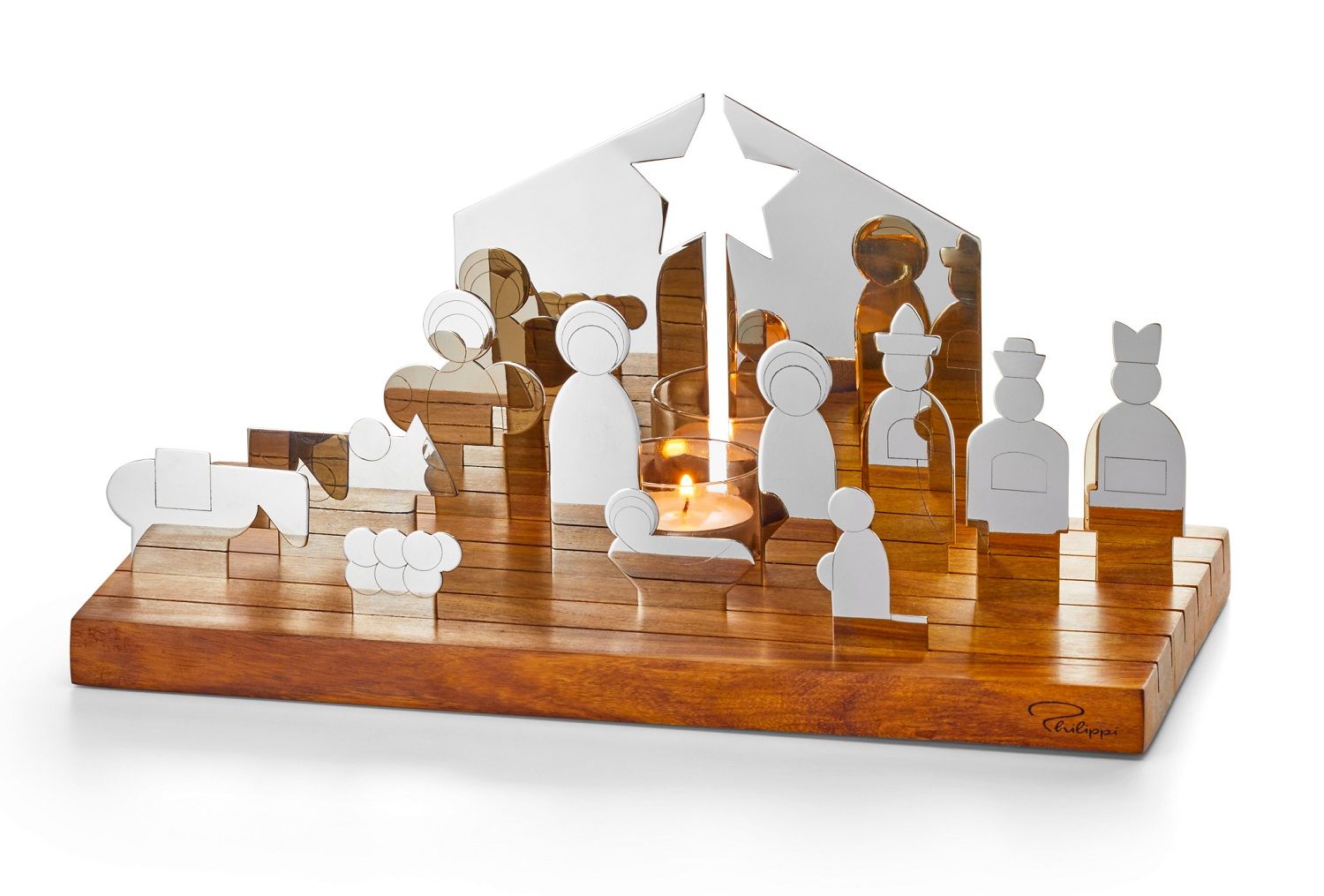 Philippi Bethlehem Krippe aus Edelstahl auf Holzsockel mit Kerze, moderne Weihnachtsdekoration.