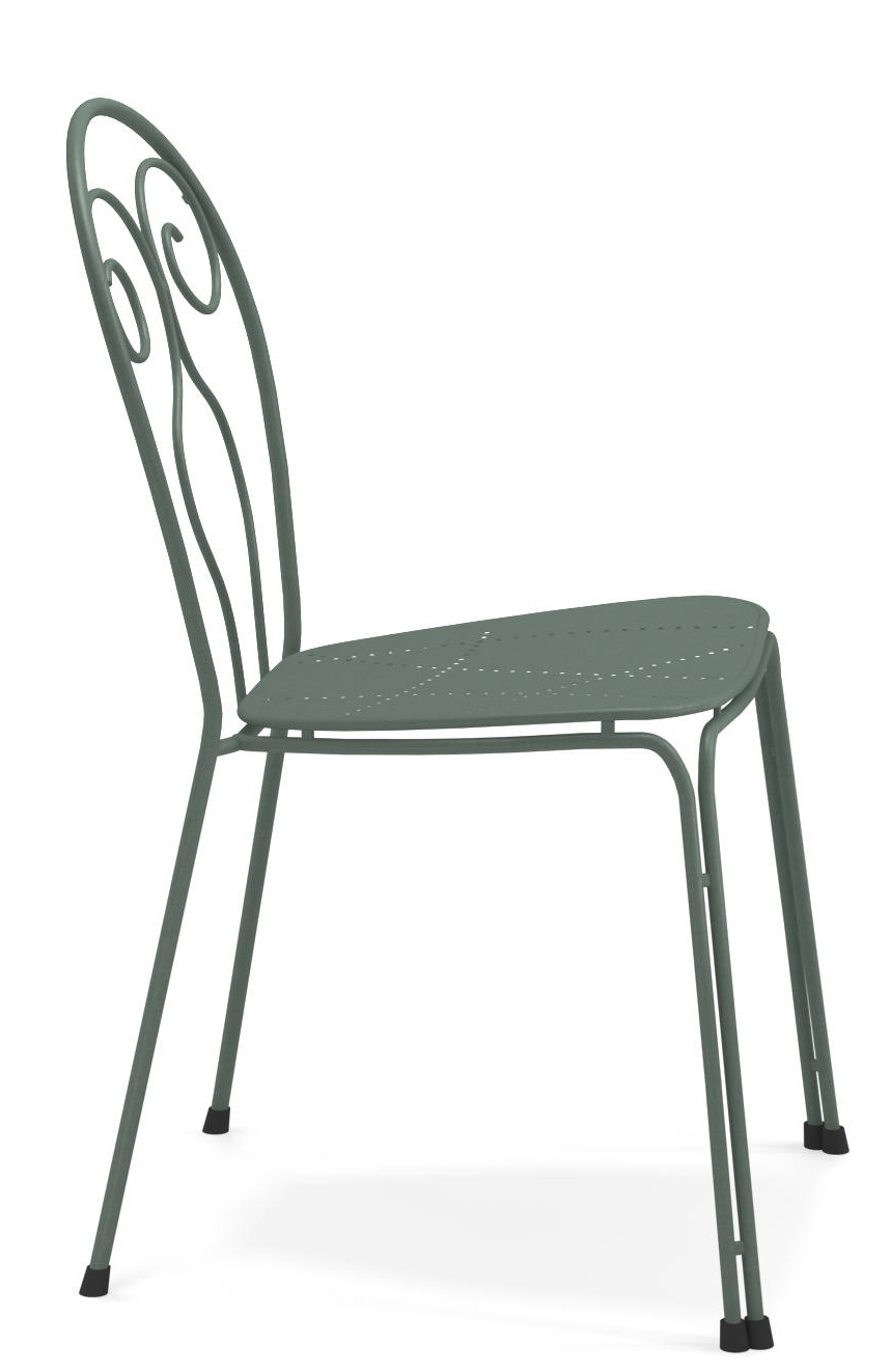 Caprera Stuhl von Emu für den Außenbereich, grüner Metallstuhl mit filigranem Design.
