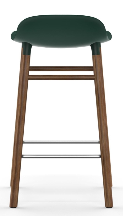 Form Barhocker von Normann Copenhagen, Hocker mit Holzbeinen und dunkelgrüner Sitzschale, Rückansicht.