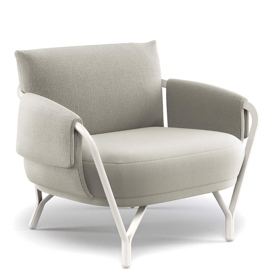 Angel Lounge Chair Sessel von Emu für den Außenbereich, hellgrauer Stoffbezug und weißes Gestell.