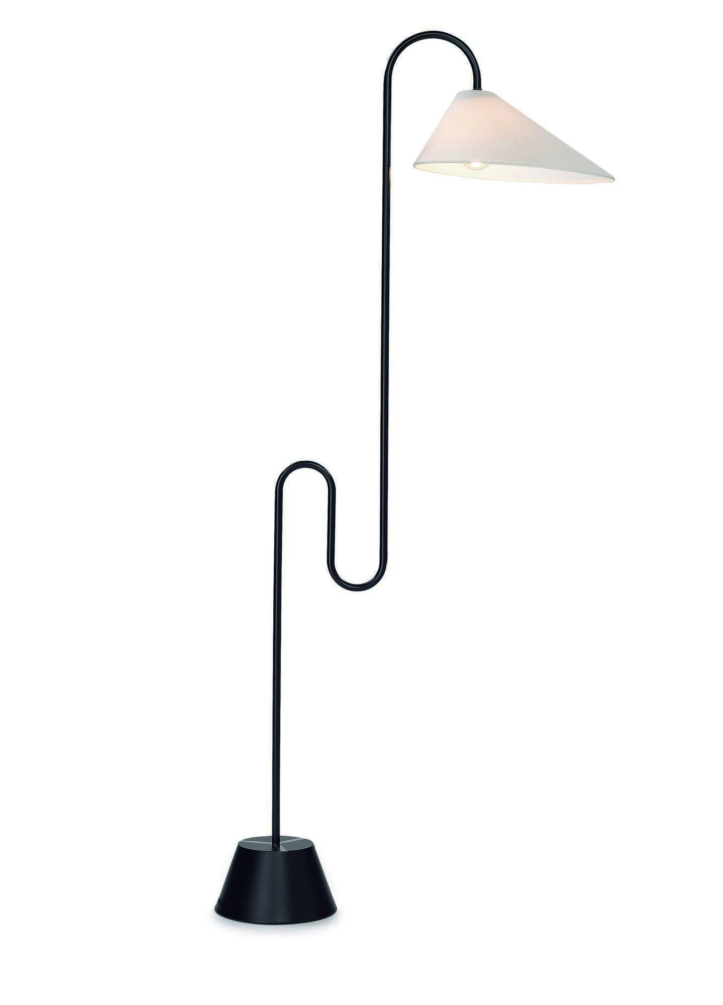 Roattino Stehleuchte von ClassiCon mit schwarzem Gestell und weißem Lampenschirm. Design Stehlampe.