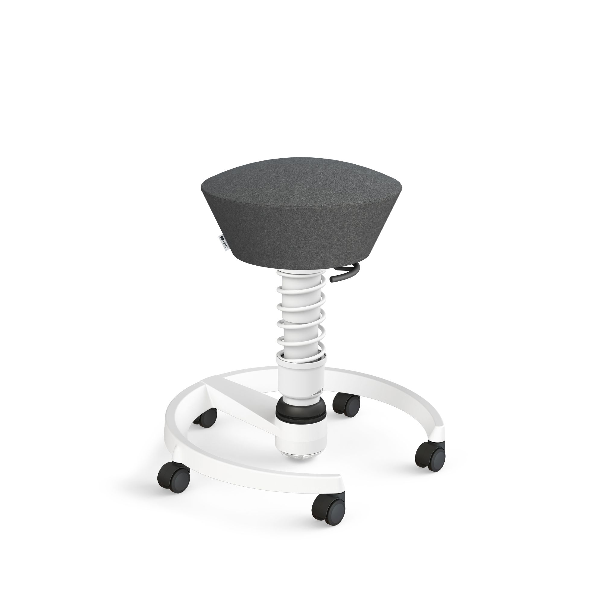 Grauer Bürohocker mit Rollen, Stehhilfe mit Federung und weißem Fußkreuz für ergonomisches Sitzen.