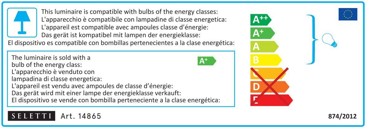 Energieeffizienzlabel für Seletti Leuchte, kompatible Lampenklassen und mitgelieferte Lampe der Klasse A+.