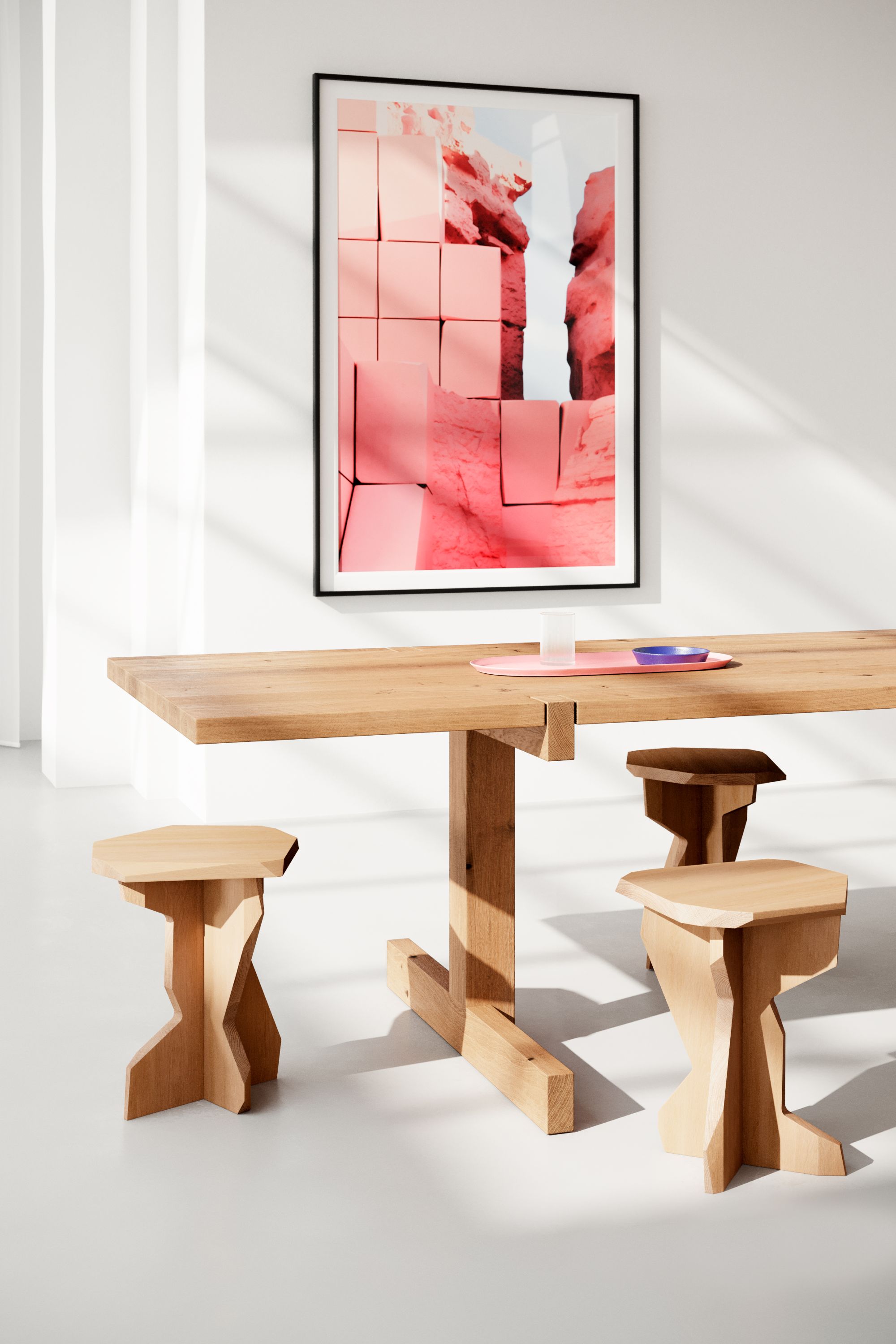 FELS Hocker Esche Out aus Massivholz unter Esstisch, minimalistisches Design für Esszimmer und Wohnbereich.