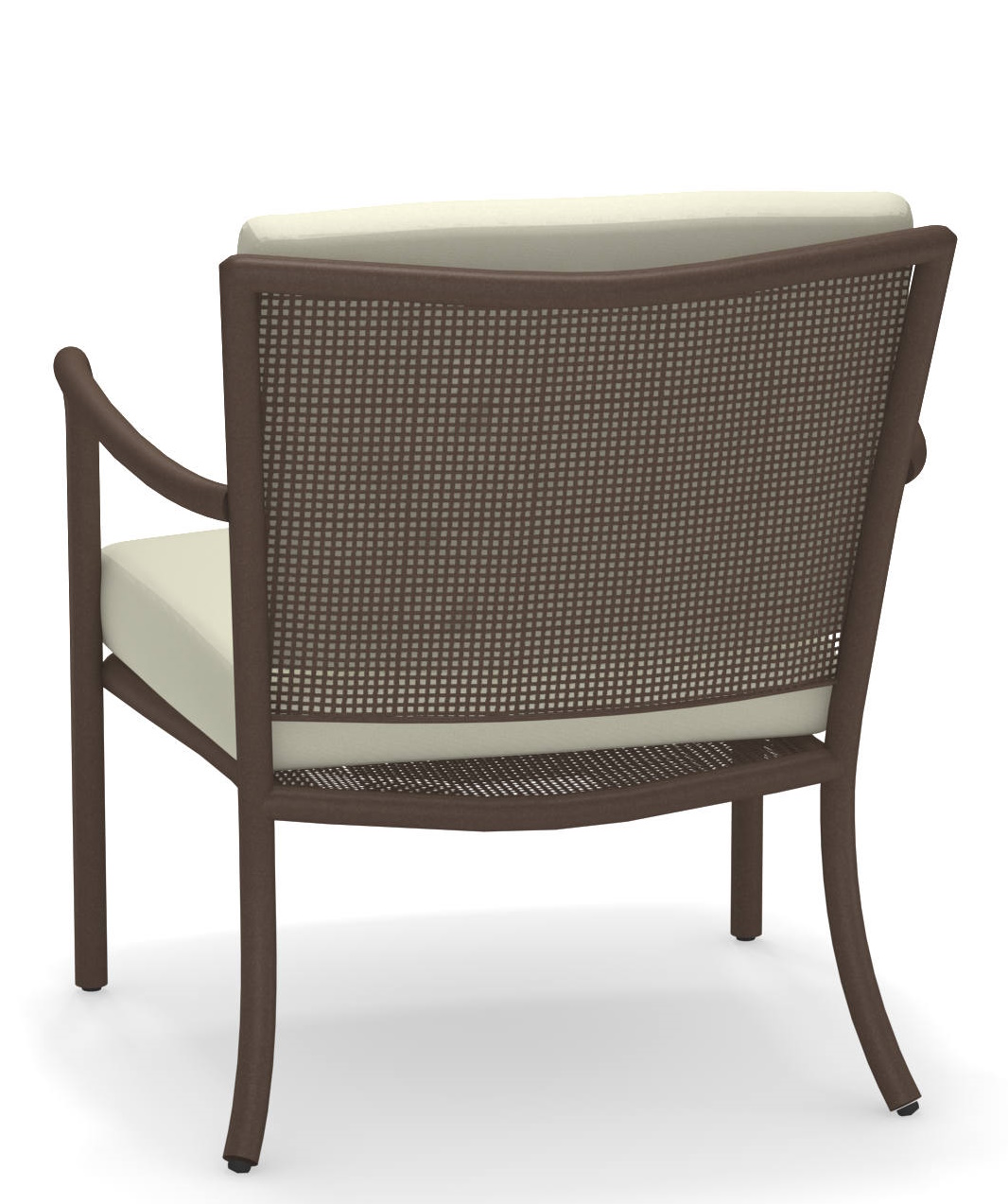 Athena Lounge Chair Sessel Outdoor Emu, braunes Metallgestell mit cremefarbenen Kissen, Rückansicht.