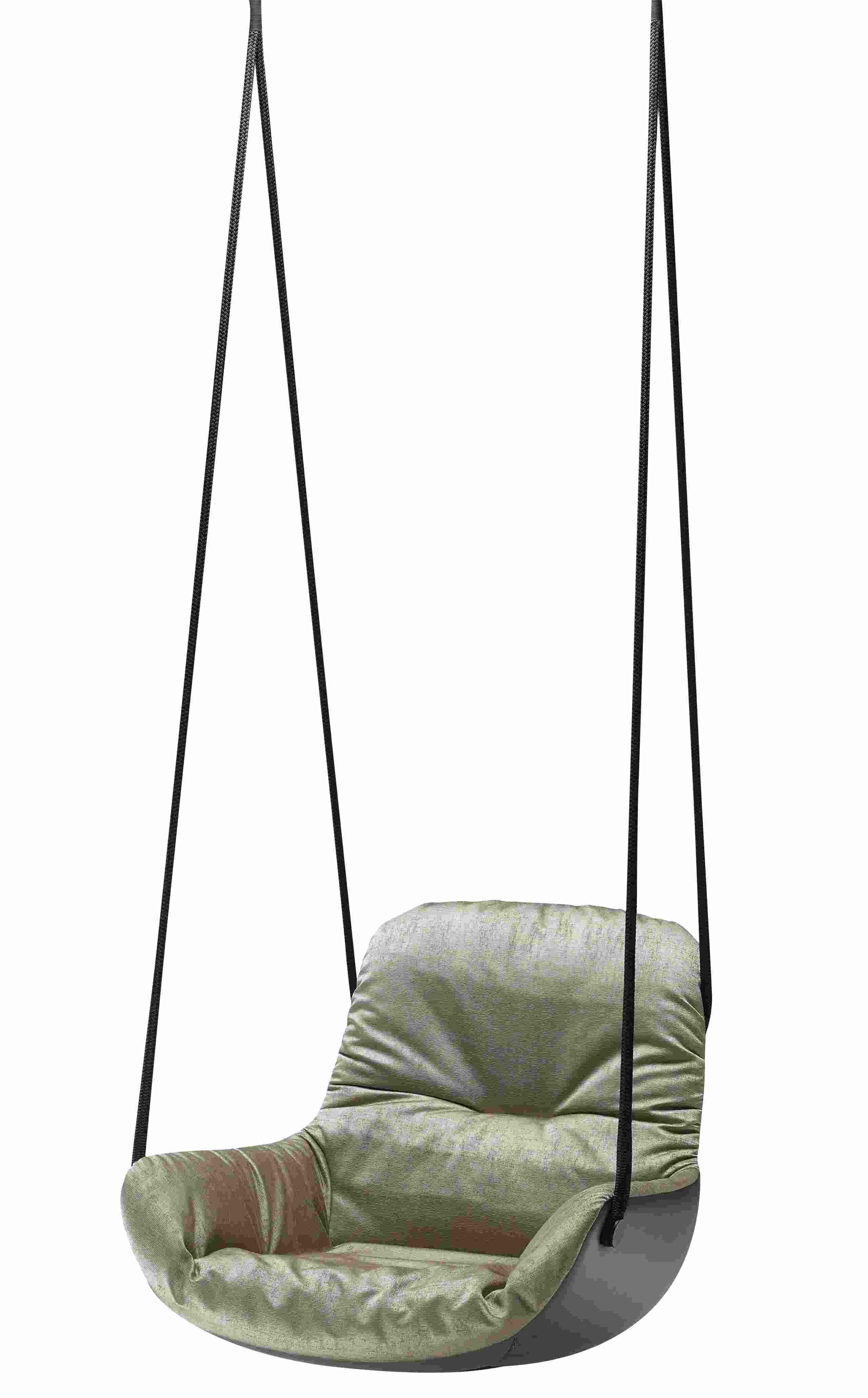 Leya Swing Seat von Freifrau Manufaktur: Hängesessel in Grün mit schwarzen Seilen, modernes Möbeldesign.