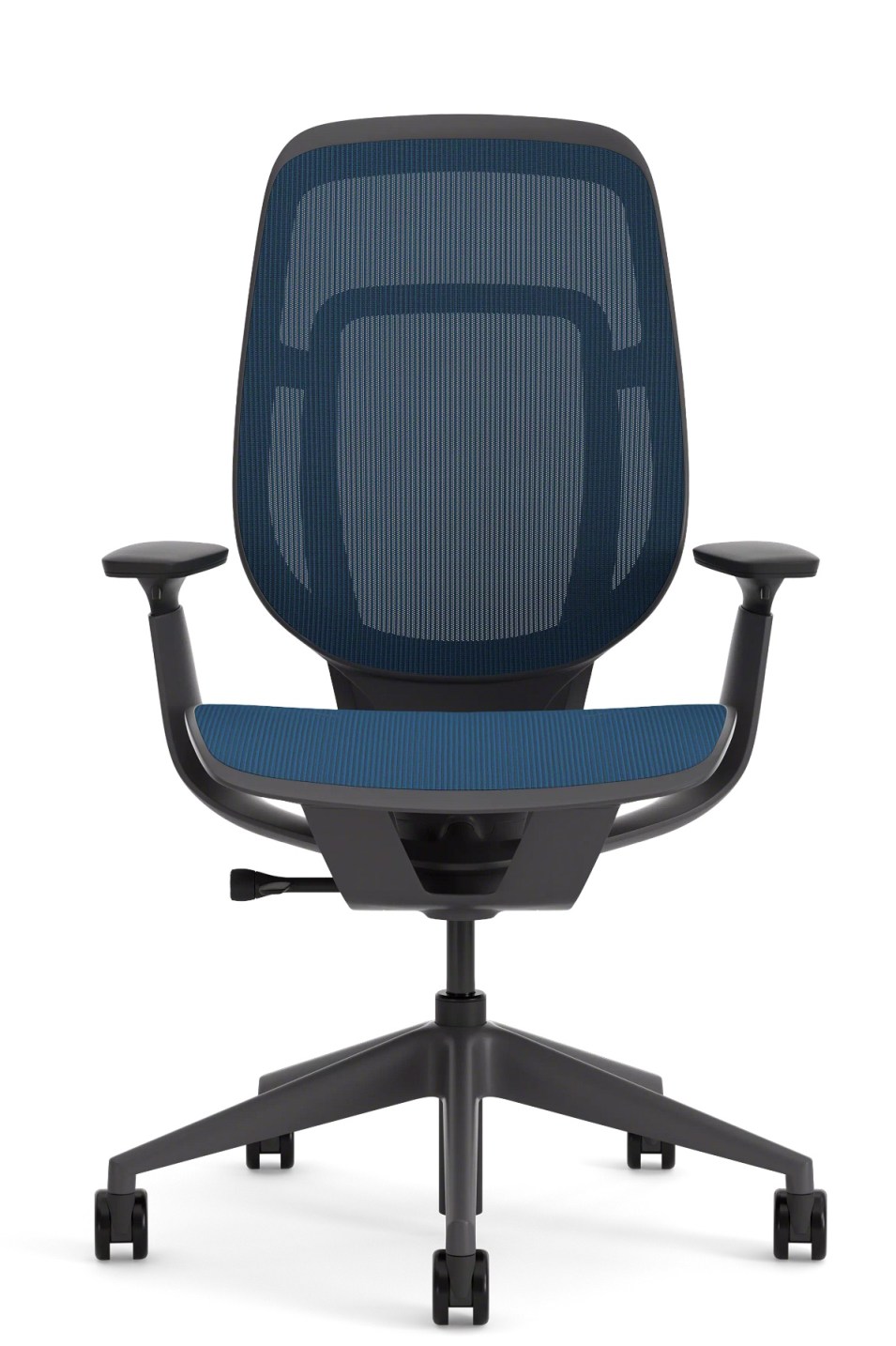 Steelcase Karman Bürodrehstuhl mit blauer Netzrückenlehne und verstellbaren Armlehnen, ergonomischer Bürostuhl für komfortables Sitzen.