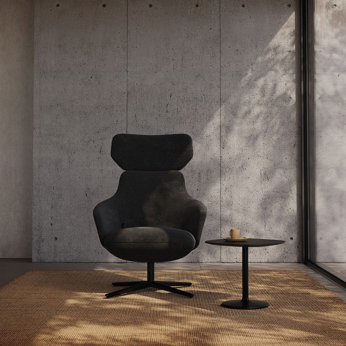 Calma BU2332 Lounge Chair Sessel drehbar von Andreu World in dunklem Stoff mit kleinem Beistelltisch.