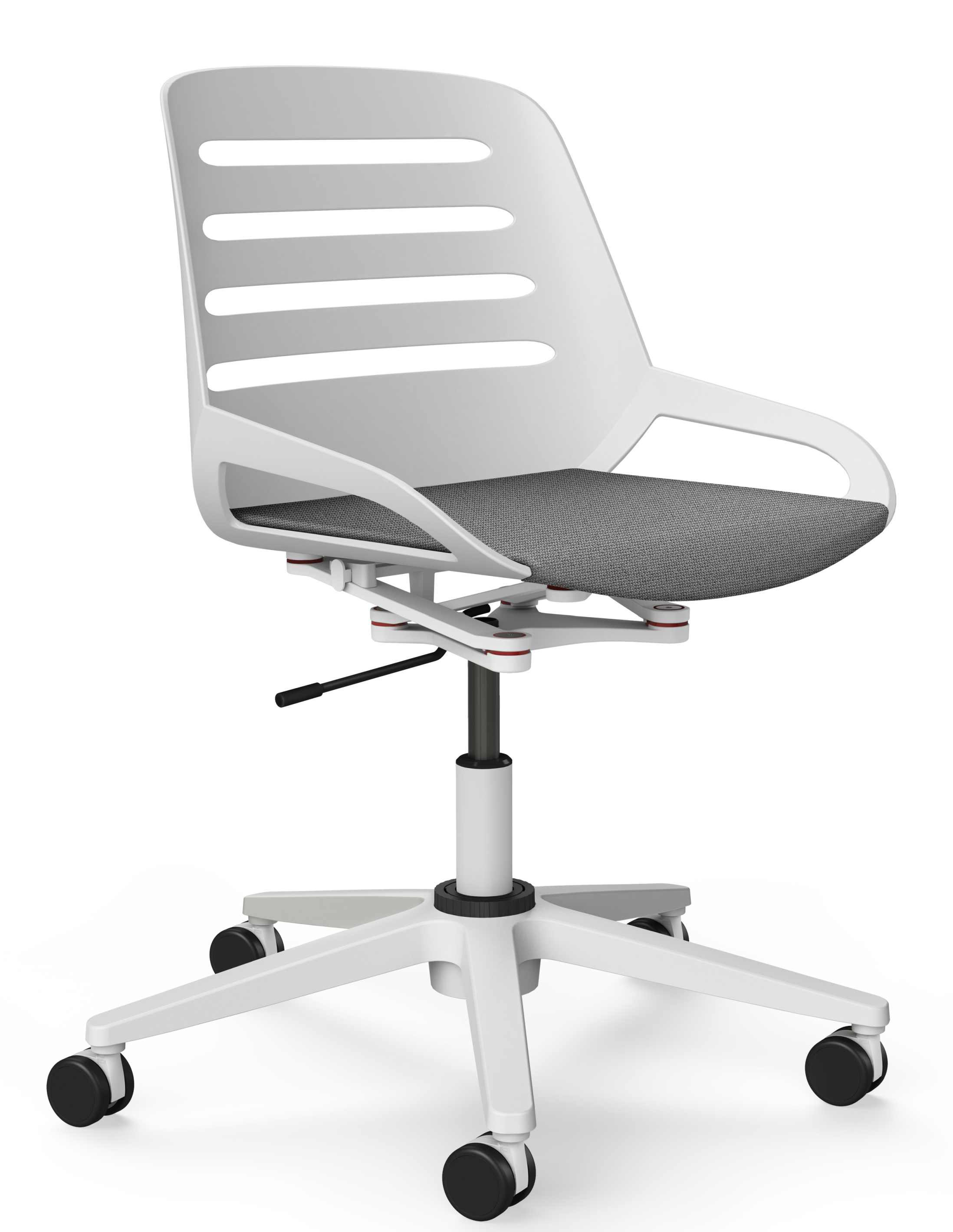 Numo Task Bürodrehstuhl von Aeris in Weiß mit grauer Sitzfläche und schwarzen Rollen.