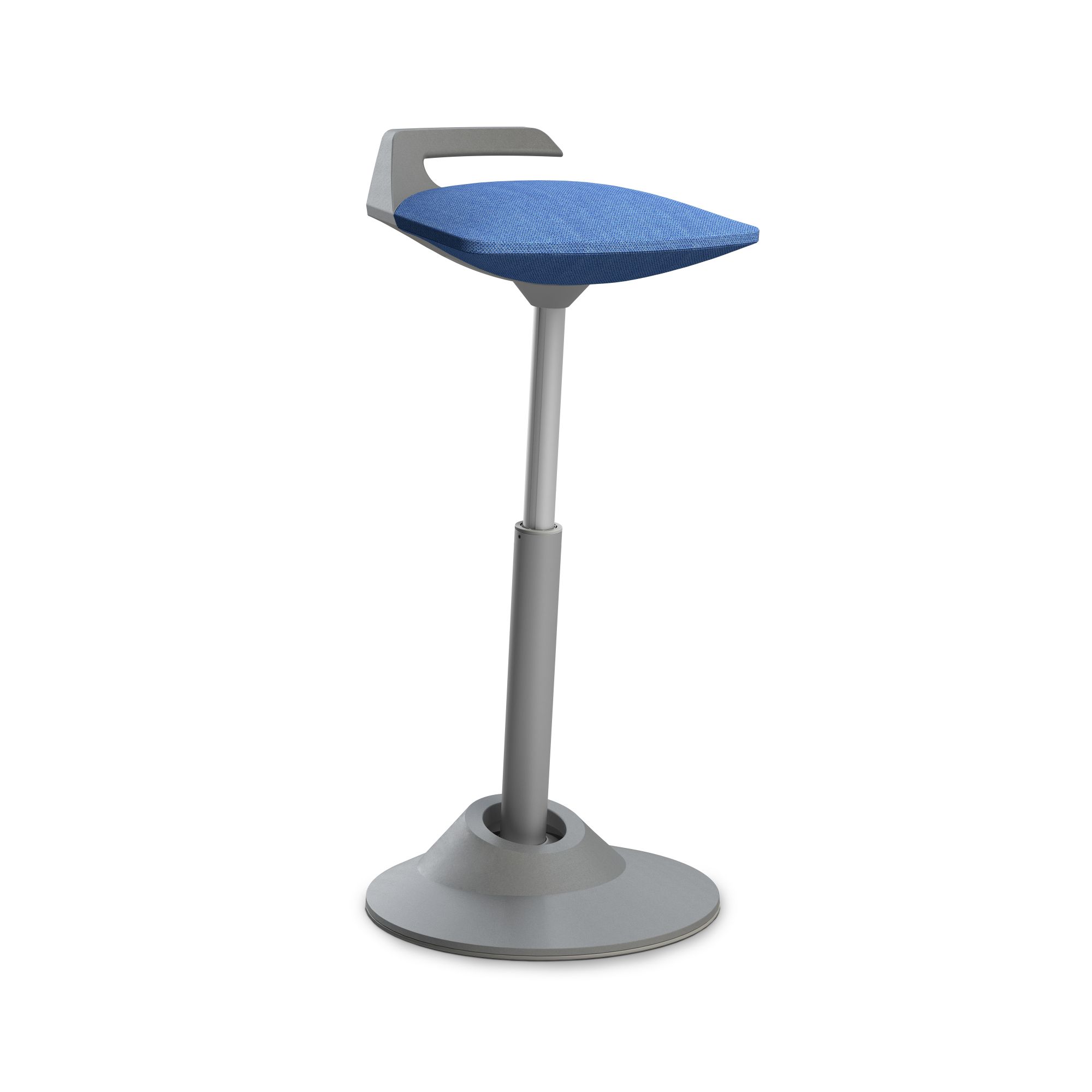Blauer Stehhocker mit grauem Fuß und Griff für ergonomisches Sitzen im Büro.