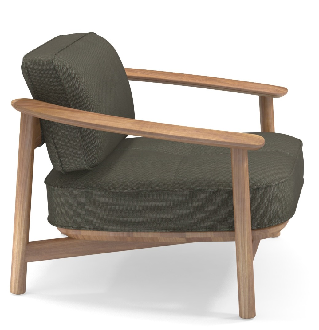 Twins Lounge Chair Sessel Outdoor Emu mit olivgrünen Polstern und hellem Holzgestell, seitliche Ansicht.