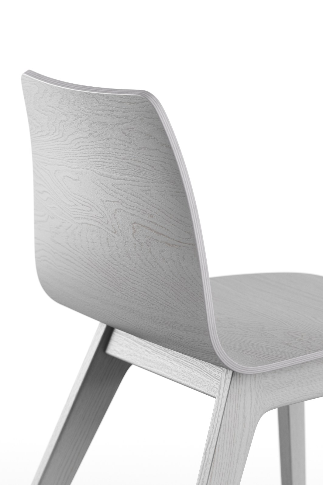 Detailaufnahme des Morph Plus Holzstuhls von Zeitraum, hellgraues Holz, modernes Design für Esszimmer und Wohnbereich.
