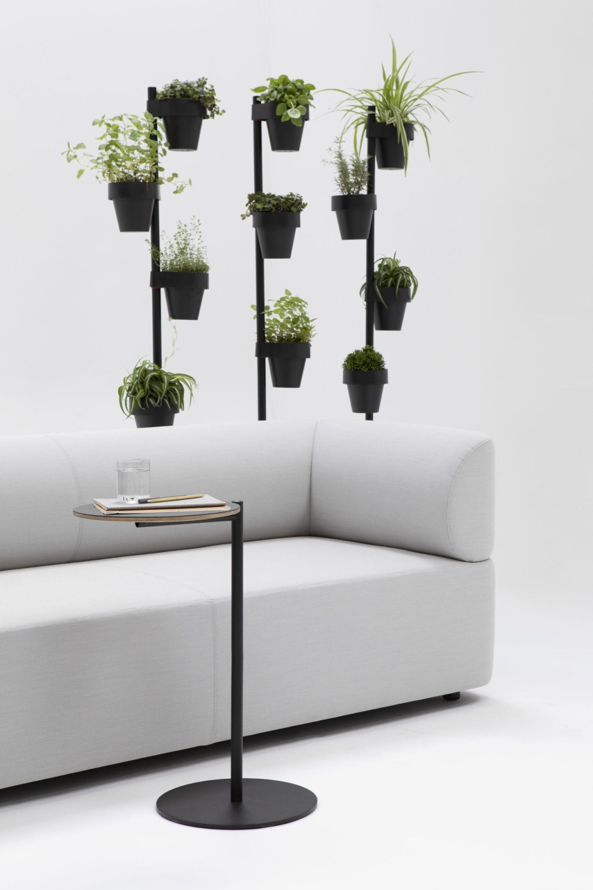 Helles Mezza Sitzelement Sofa von Cascando mit Beistelltisch und Pflanzenwand im modernen Büro.