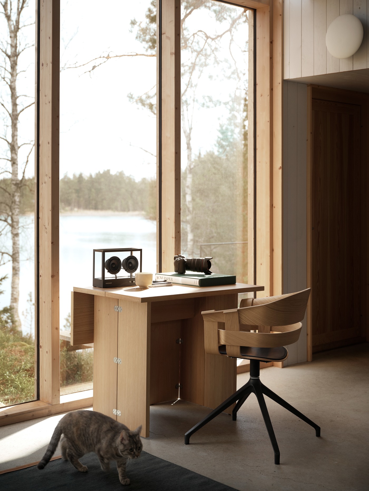 Design House Stockholm Flip Table Klapptisch aus Eichenholz mit Stuhl und Katze vor Fenster.