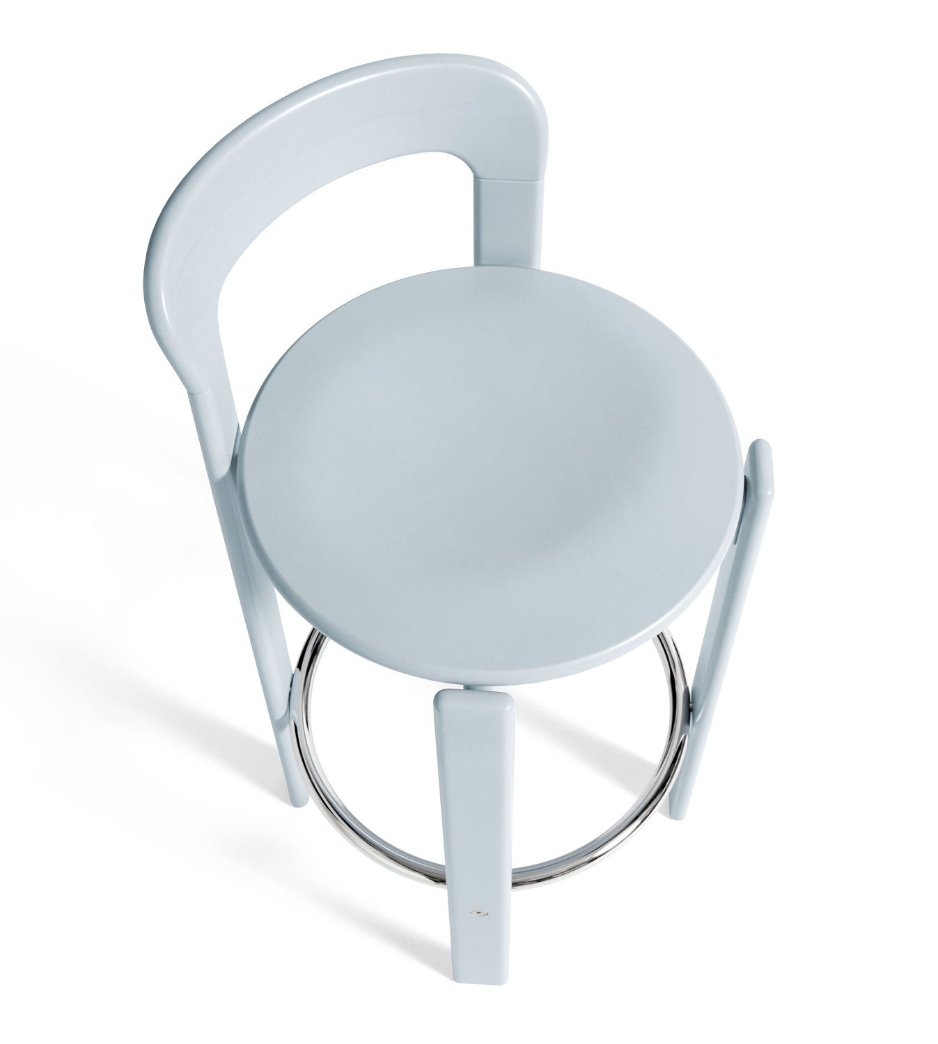 Draufsicht: Heller Rey Barhocker von Hay, H97cm, mit Rückenlehne und Fußstütze aus Chrom.