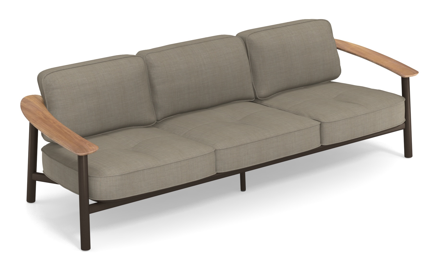 Emu Twins Sofa Outdoor, modernes 3-Sitzer-Sofa für den Garten mit Holzarmlehnen und braunem Gestell.
