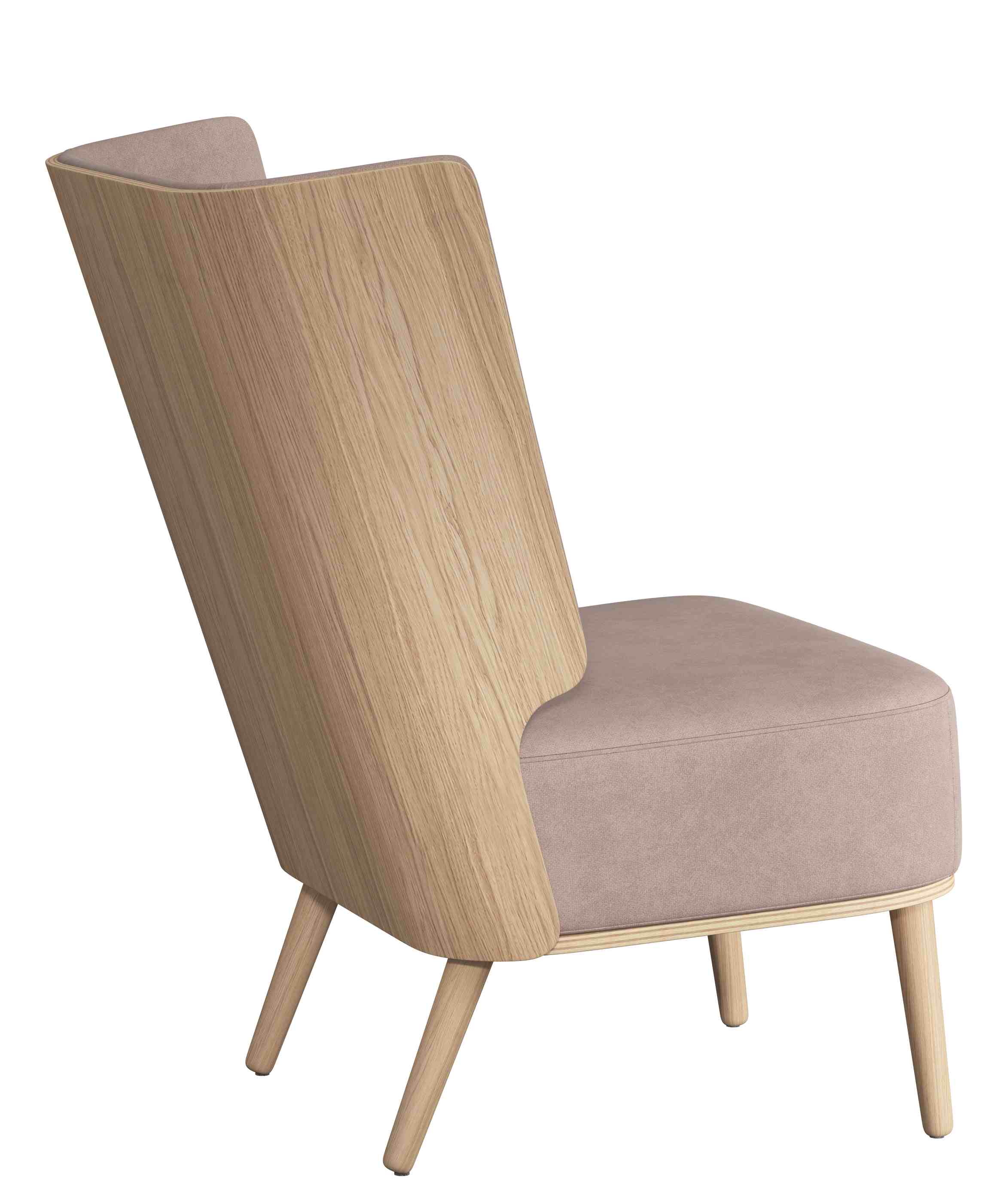 Serena Lounge Chair Sessel in Eiche natur mit dusty rosefarbenem Bezug, seitliche Ansicht.