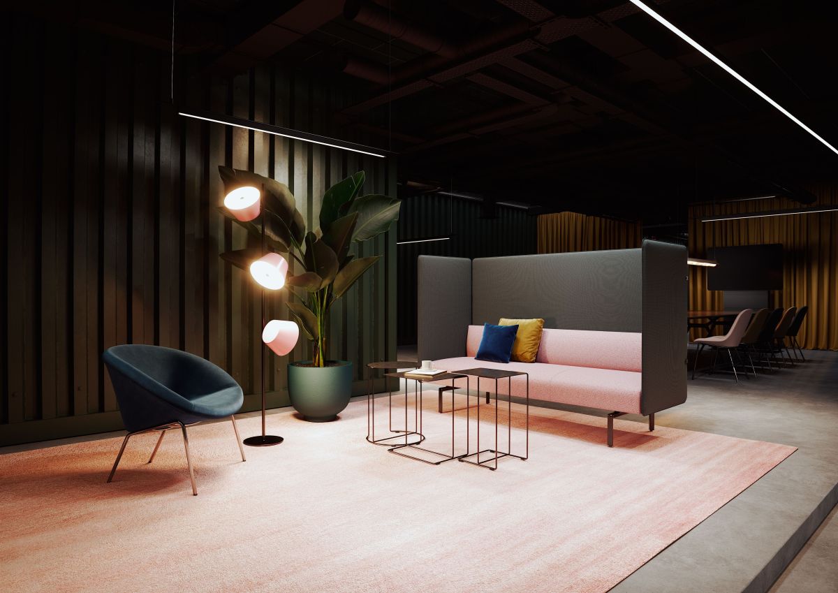 Muud Lite Sofa von Walter Knoll in rosa mit hoher Rückenlehne im modernen Büro.
