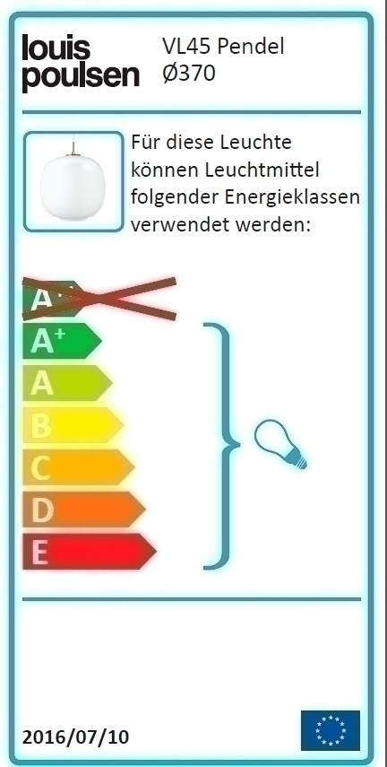 Energieeffizienzlabel der VL45 Radiohus Pendelleuchte von Louis Poulsen, Durchmesser 37 cm, für energiesparende Beleuchtung.