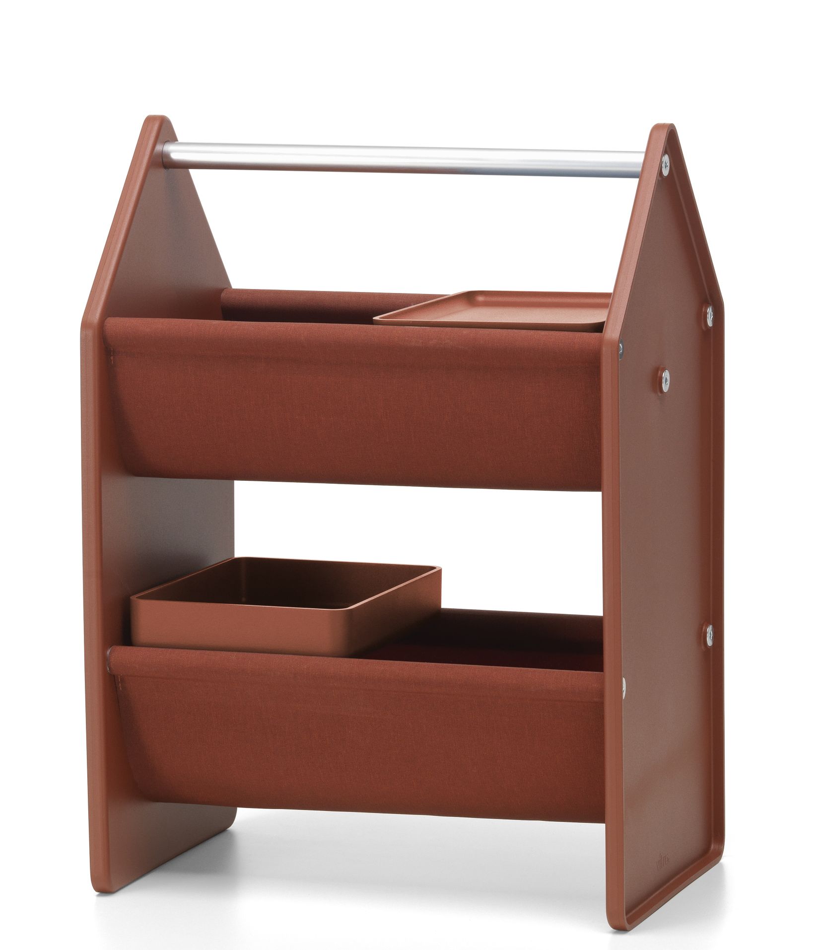 Vitra Drop Box Tray Set, braunes Aufbewahrungssystem mit zwei Stoffablagen und Tabletts.
