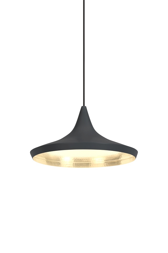 Schwarze Beat Wide LED Pendelleuchte von Tom Dixon mit goldener Innenseite, moderne Hängelampe für Wohnräume.