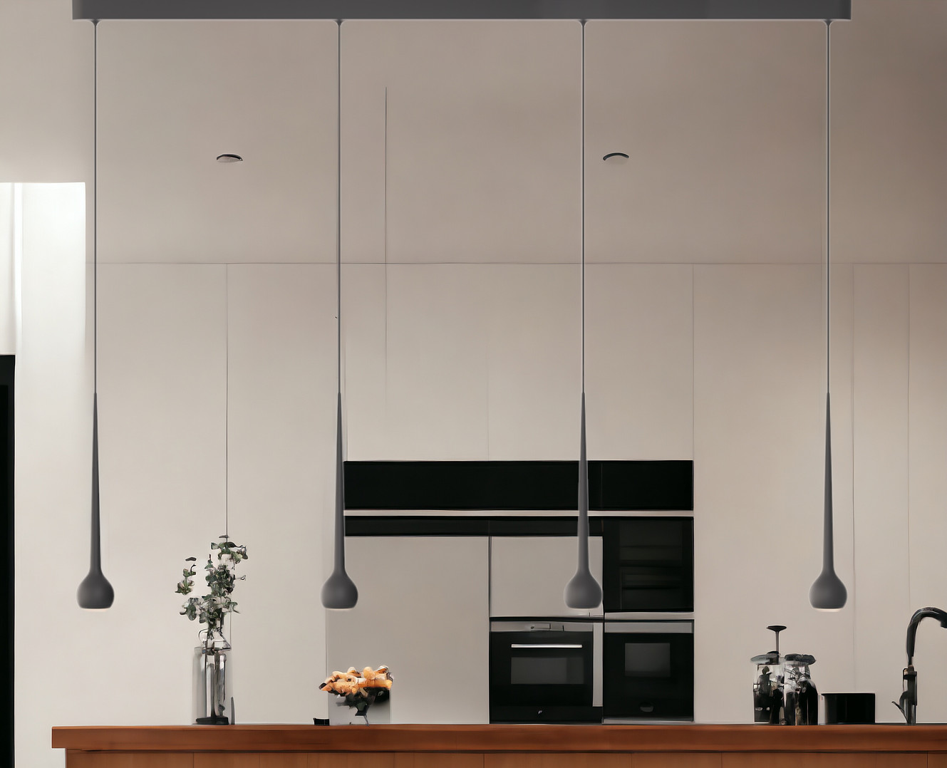 Graue Pendelleuchte im modernen Küchendesign. Die Falling Sun Lampe sorgt für stilvolle Beleuchtung.