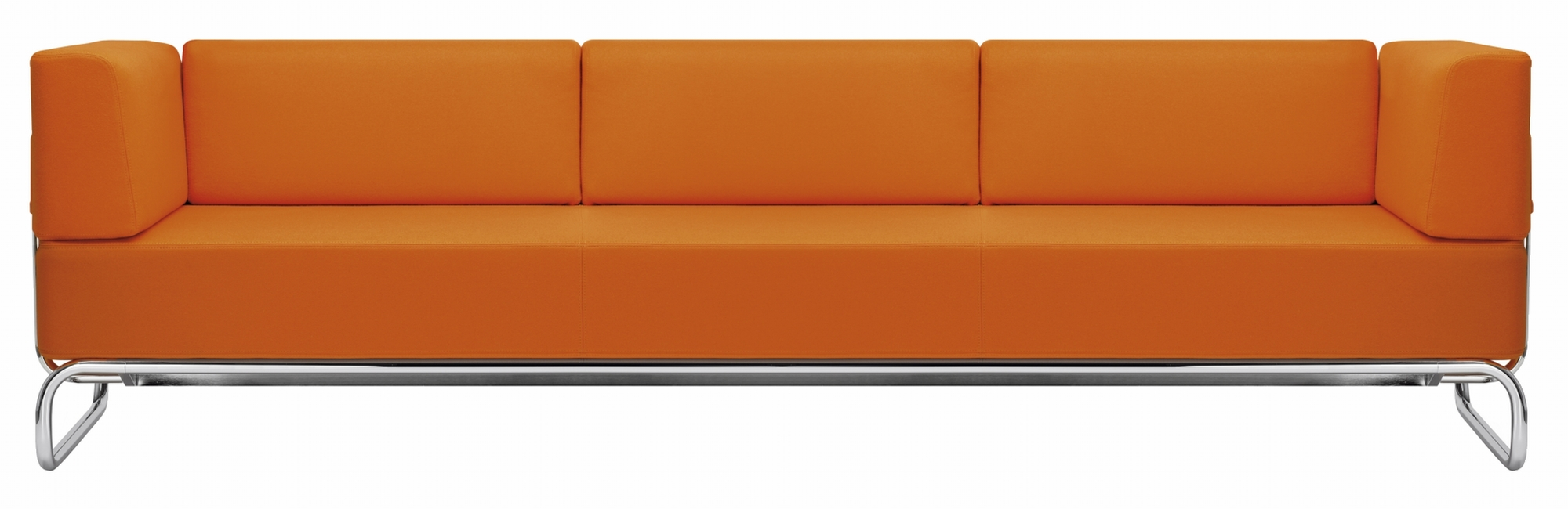 Orangefarbenes Thonet S 5003 Sofa, ein 3-Sitzer mit modernem Design und Chromgestell.