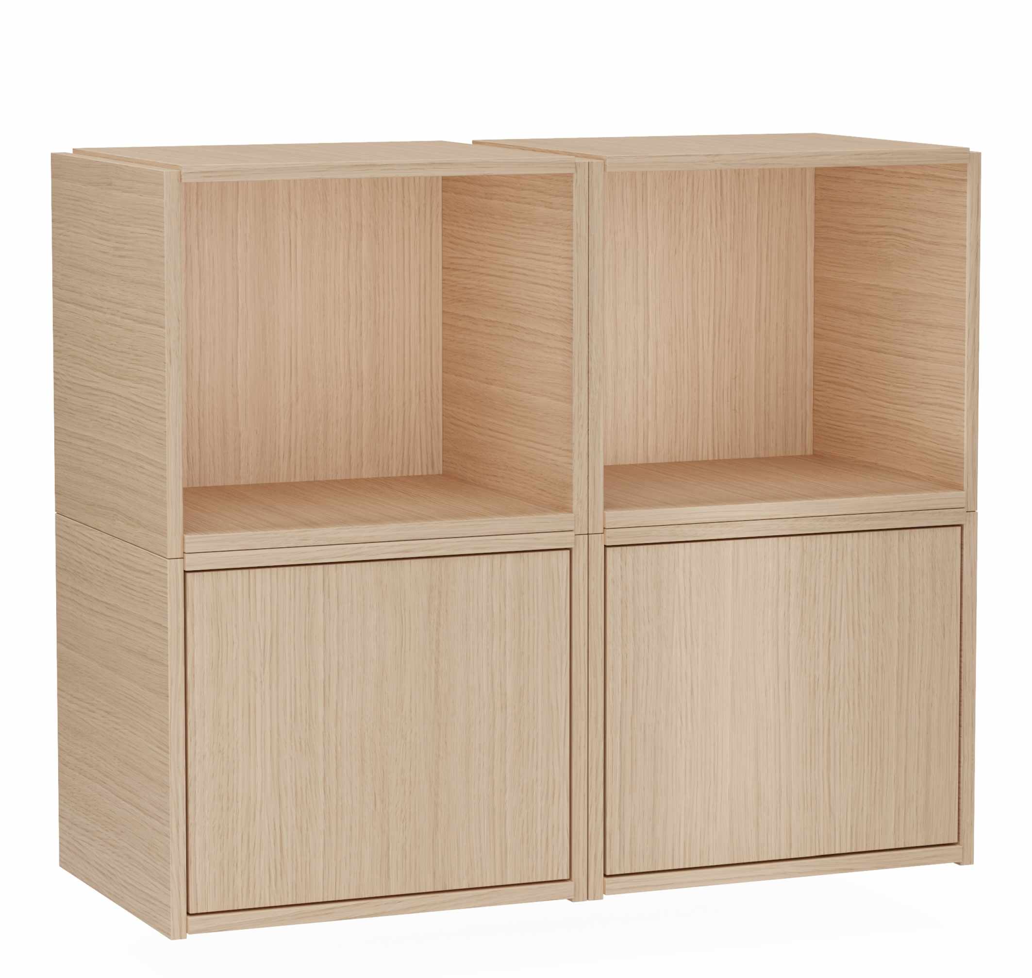 Bricks System Regal von Woud: Modulares Holzregal mit zwei offenen Fächern und zwei Türen.
