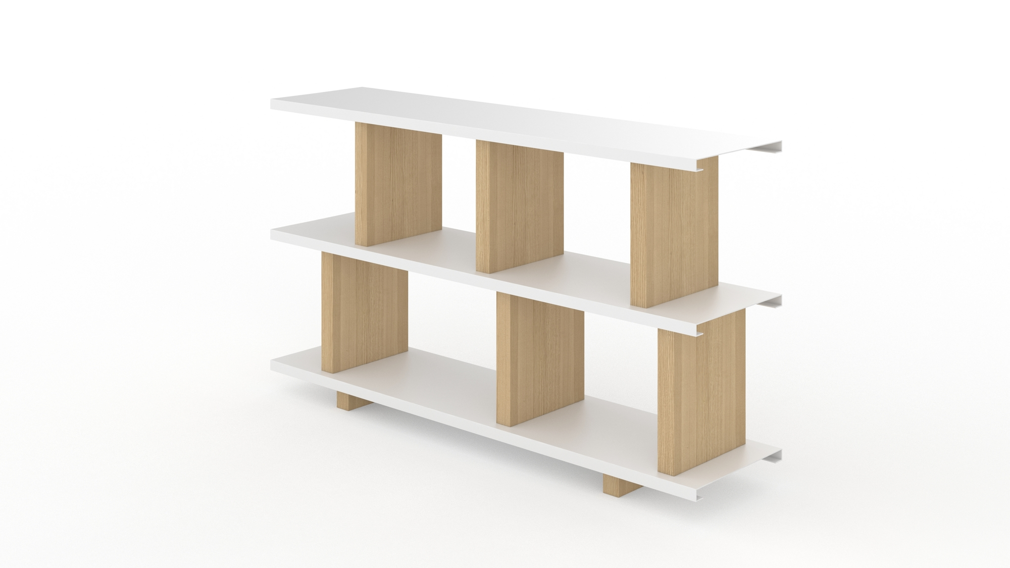 Tojo Dreh Regal Grundmodul: Weißes, modernes Regal mit drei Ebenen und Holzstreben.