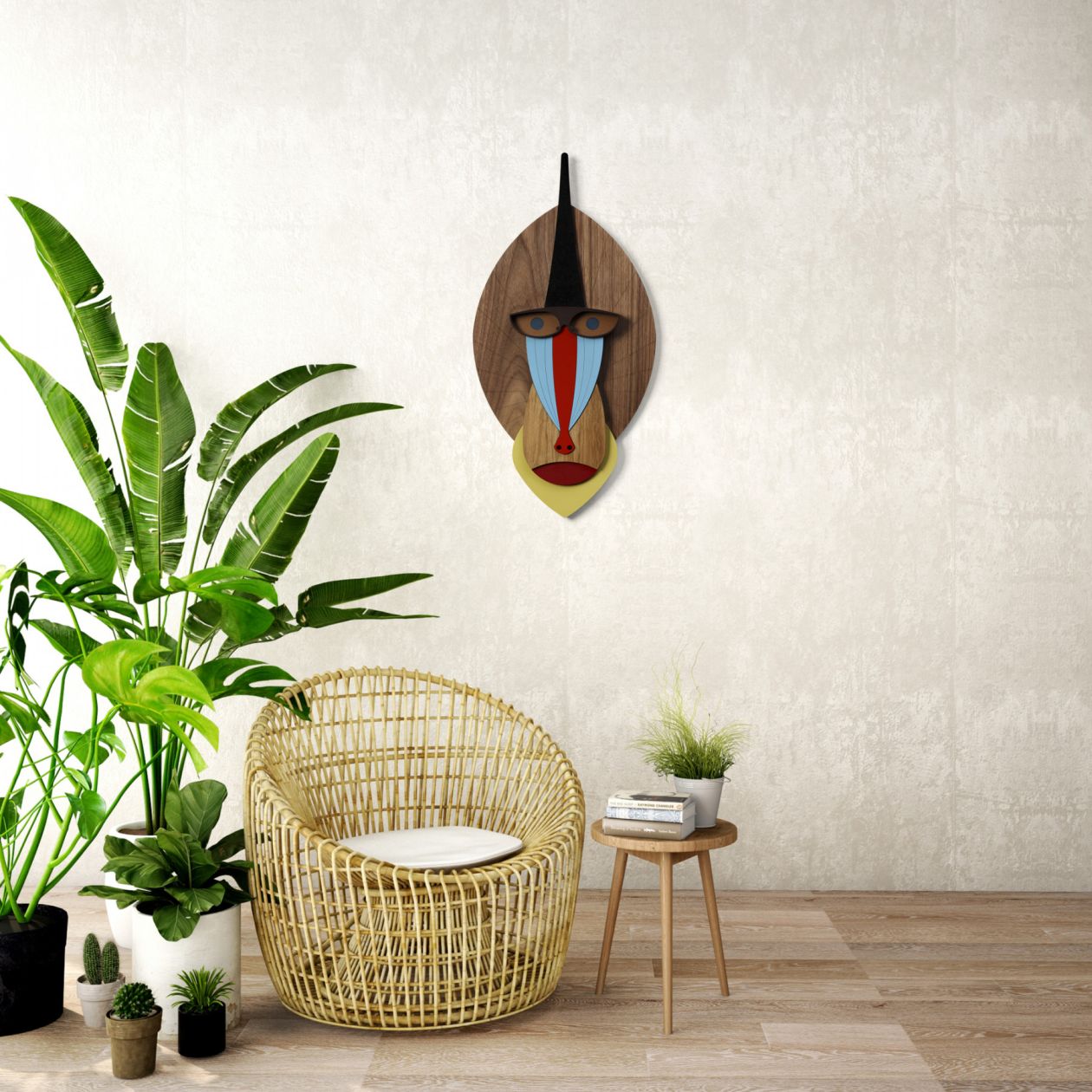 Dekorative Mandrill-Holzwandkunst, handgefertigt und farbenfroh, für ein modernes Wohnzimmer. Einzigartige Wanddekoration.