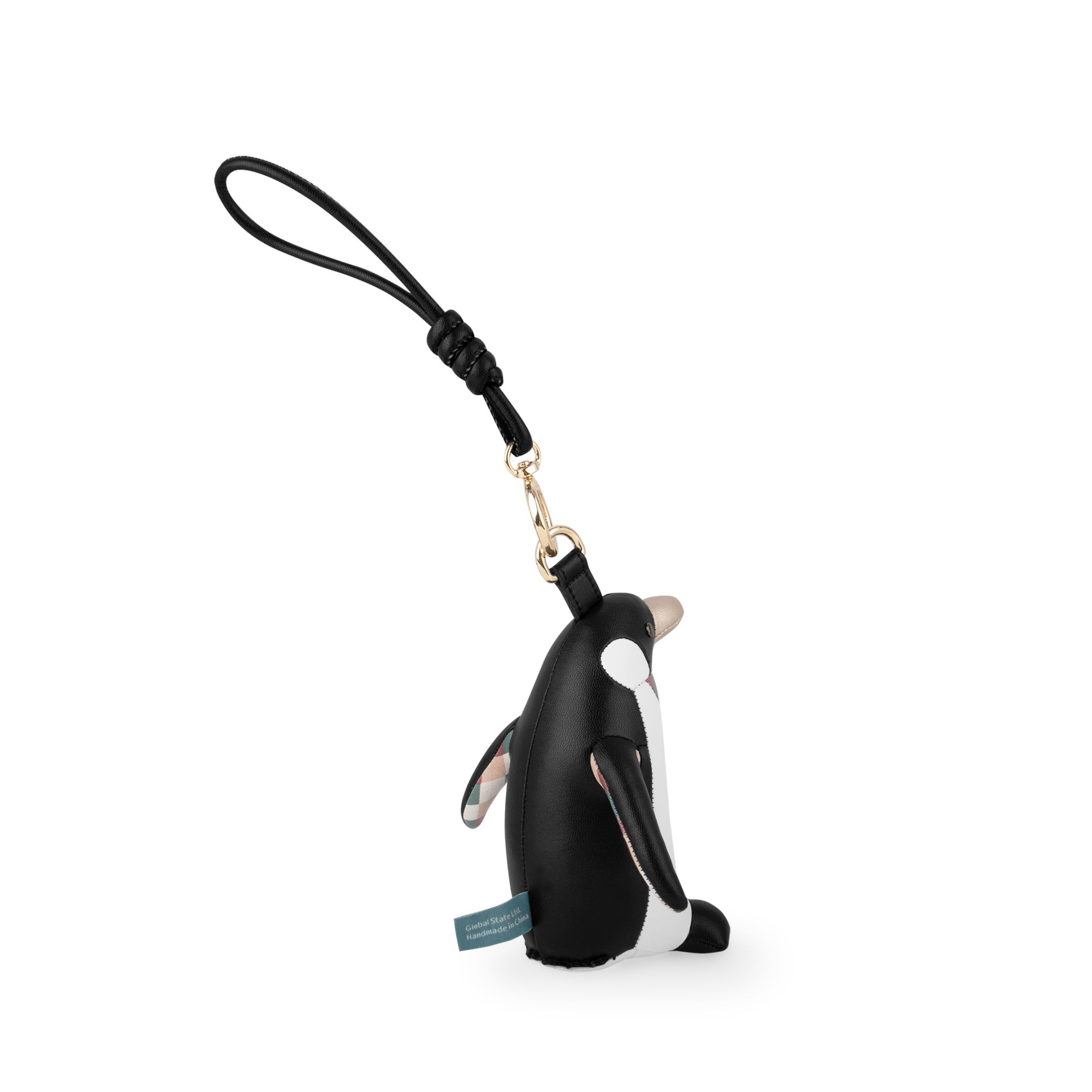 Züny Pinguin Taschenanhänger aus Lederimitat mit schwarzer Schlaufe und goldenem Karabinerhaken.